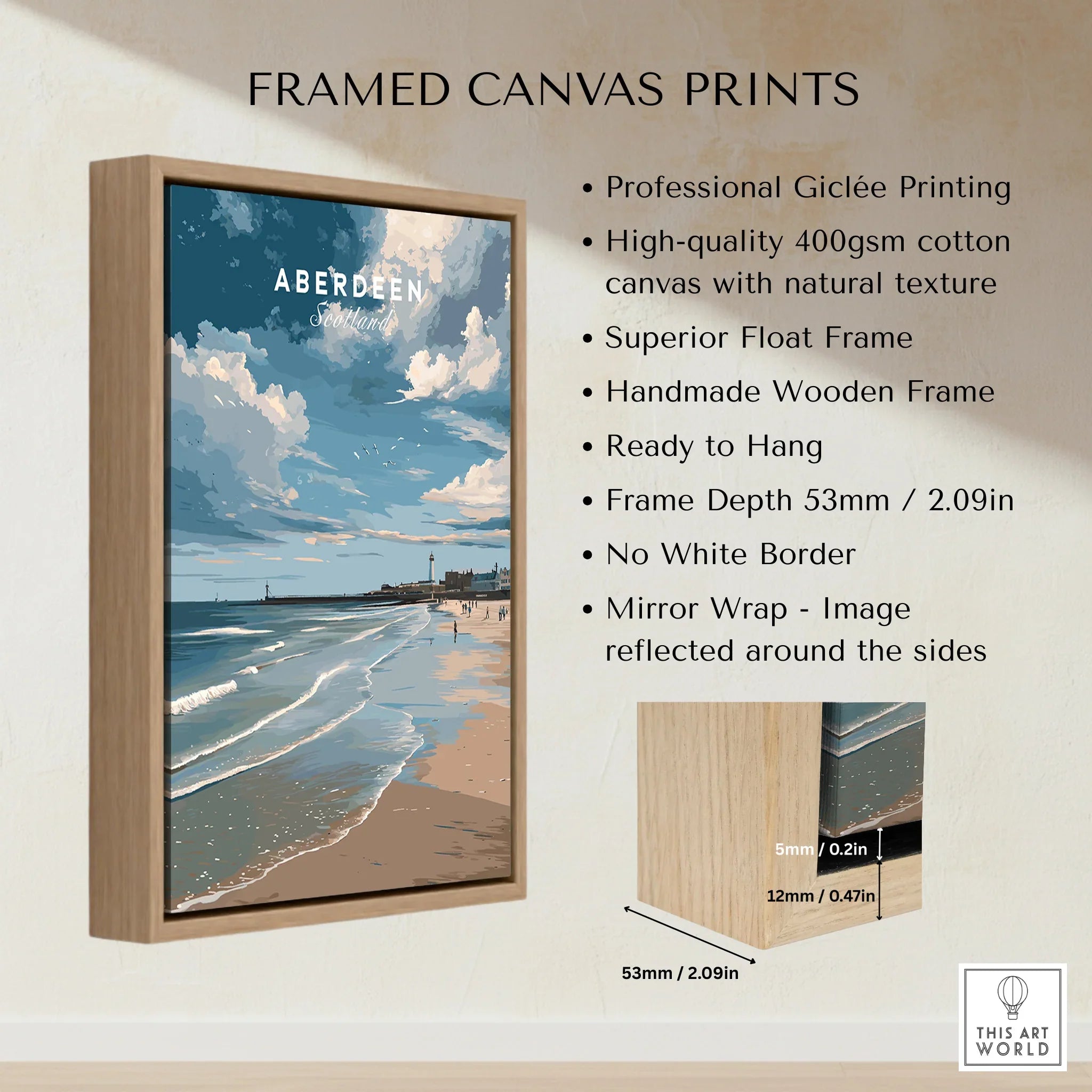 Aberdeen Scotland beach travel poster in wooden float frame, coastal wall art with mirror wrap and no white border