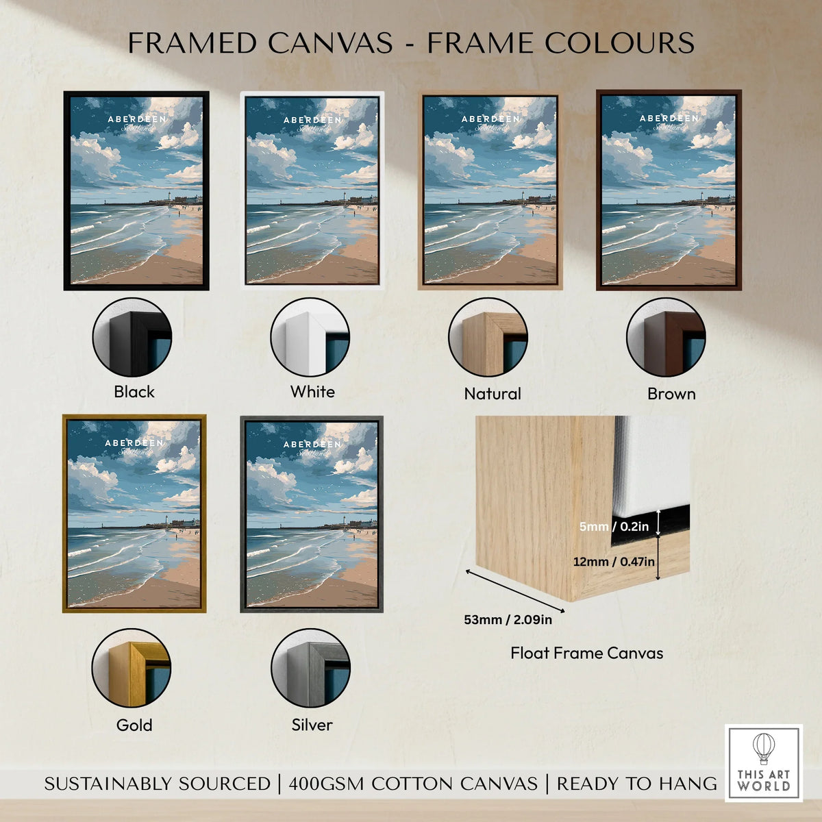 Aberdeen Scotland beach art print in black, white, natural, brown, gold, and silver float frames, ready to hang