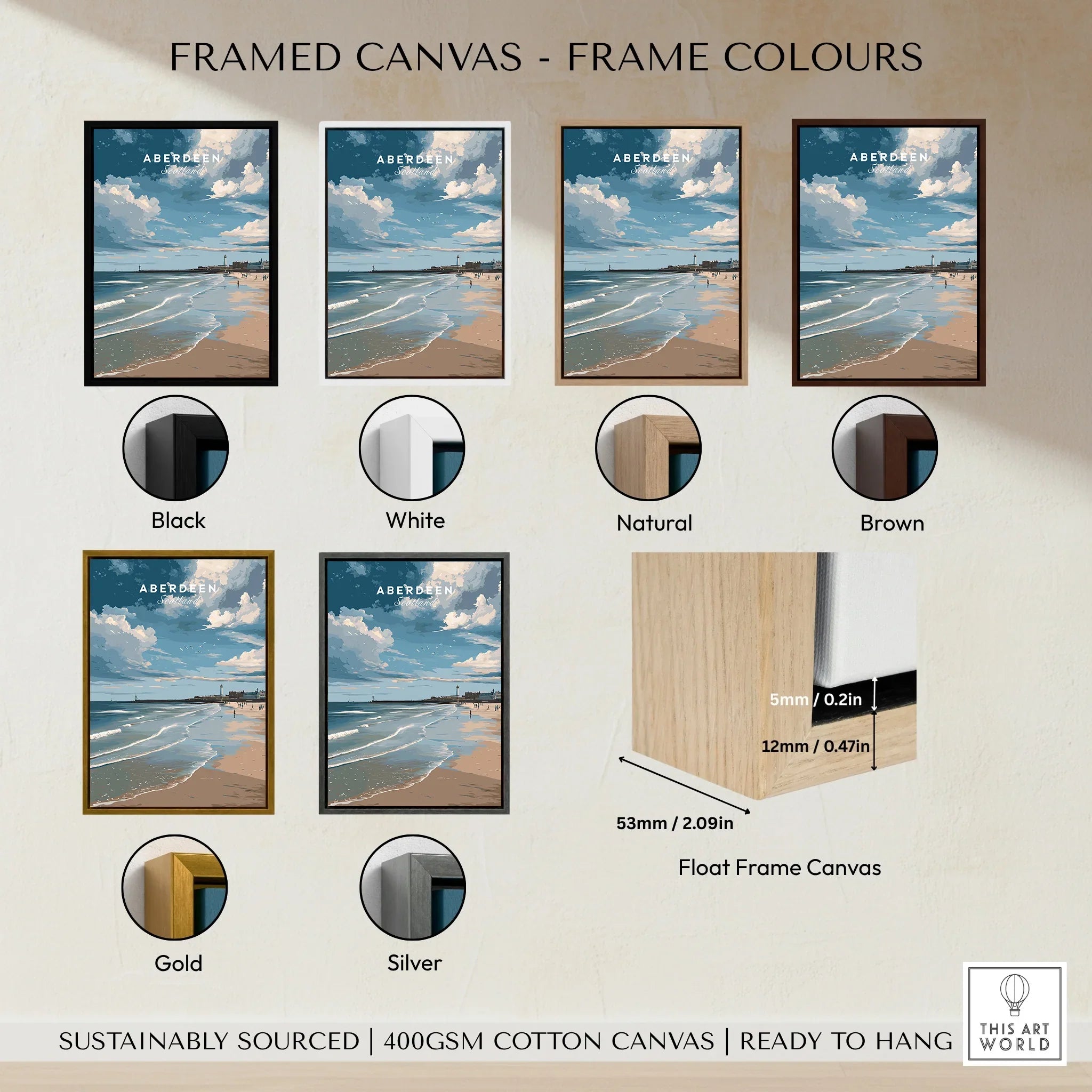 Aberdeen Scotland beach art print in black, white, natural, brown, gold, and silver float frames, ready to hang