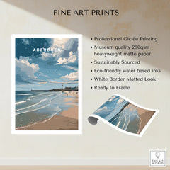 Aberdeen Scotland beach travel poster print with lighthouse, waves, and cloudy sky, ready to frame