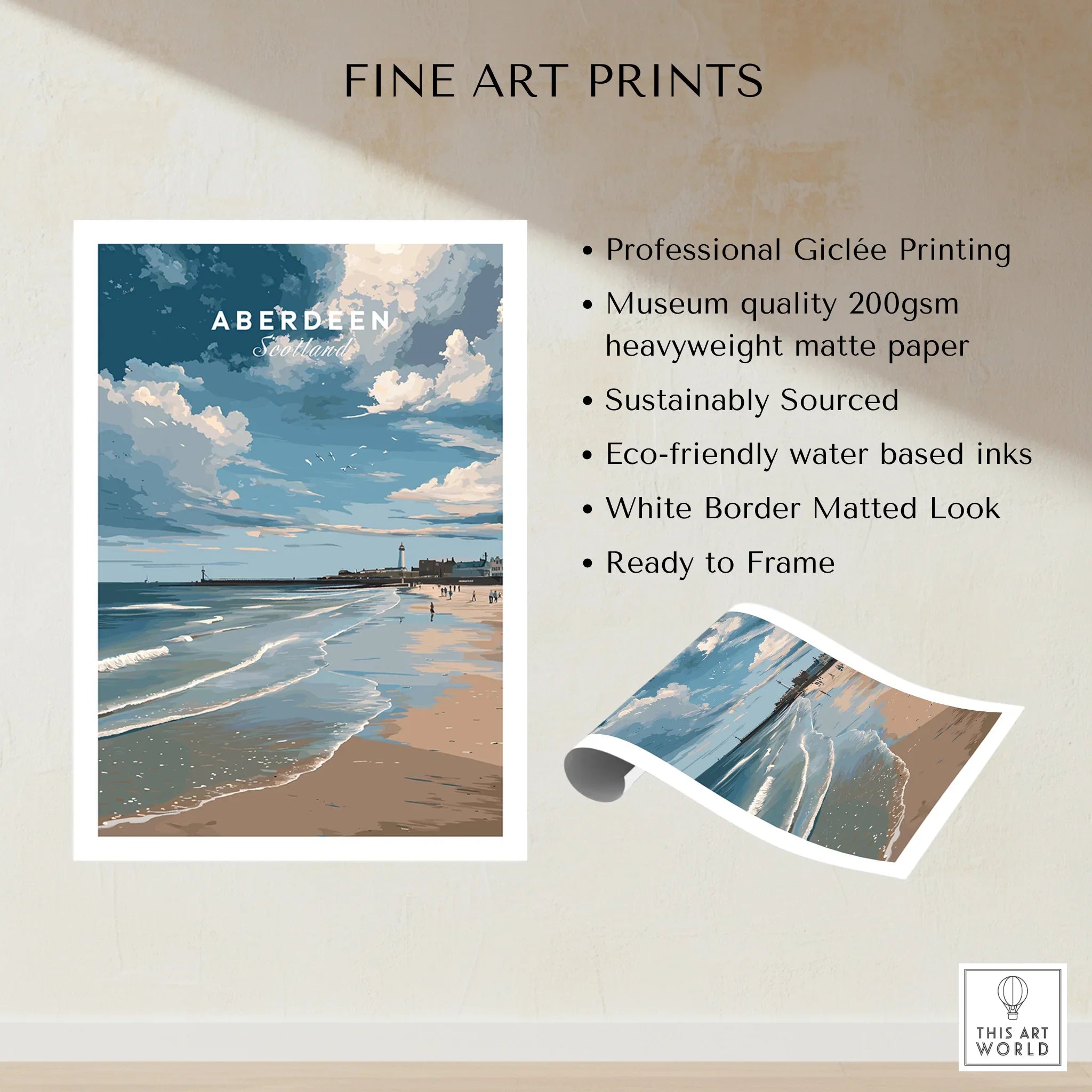 Aberdeen Scotland beach travel poster print with lighthouse, waves, and cloudy sky, ready to frame