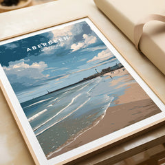 Framed Aberdeen Scotland travel poster with beach, pier, and lighthouse, ideal wall art for home decor