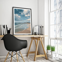 Aberdeen Scotland travel poster print with beach and lighthouse, framed wall art for home office decor