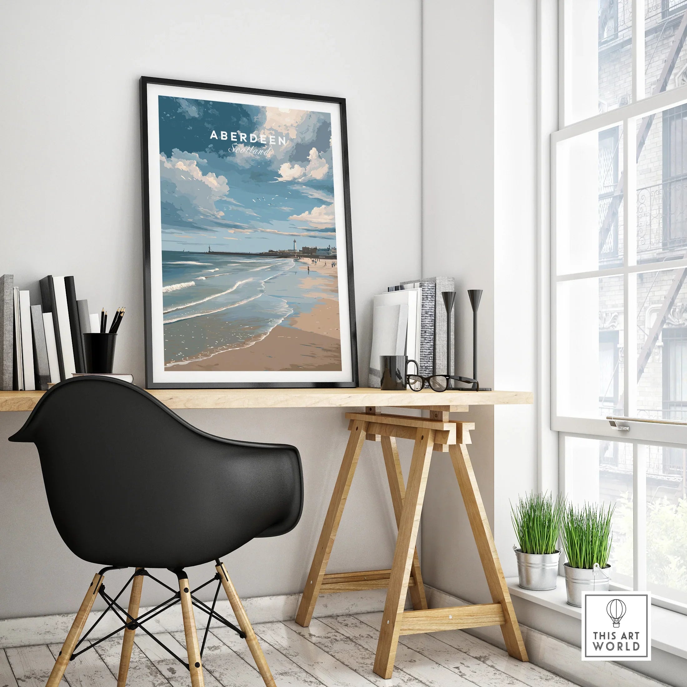 Aberdeen Scotland travel poster print with beach and lighthouse, framed wall art for home office decor