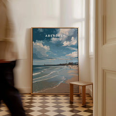 Aberdeen Scotland travel poster print with beach, lighthouse, and coastal skyline art for home decor