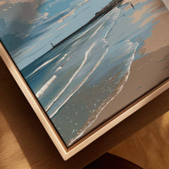 Beach sunset canvas art with ocean waves, pier, and wooden frame for coastal home decor