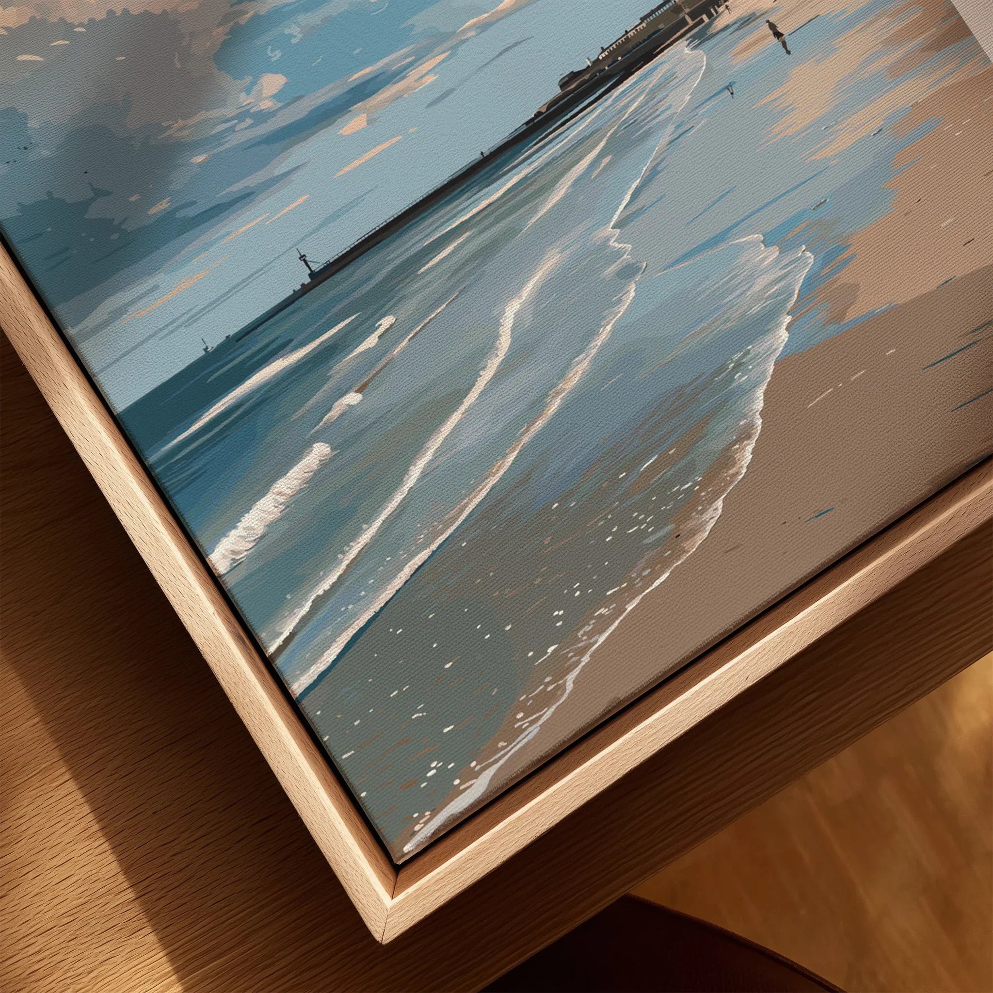 Beach sunset canvas art with ocean waves, pier, and wooden frame for coastal home decor