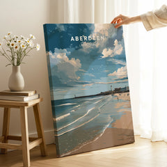 Aberdeen Scotland travel poster wall art featuring beach, lighthouse, and coastal skyline for home decor