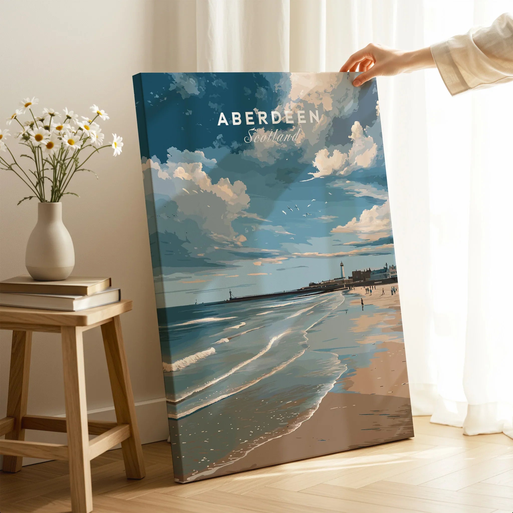 Aberdeen Scotland travel poster wall art featuring beach, lighthouse, and coastal skyline for home decor