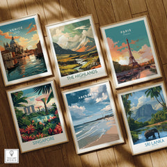 Framed travel posters of Venice, Paris, Scotland, Singapore, Aberdeen, and Sri Lanka for wall art decor