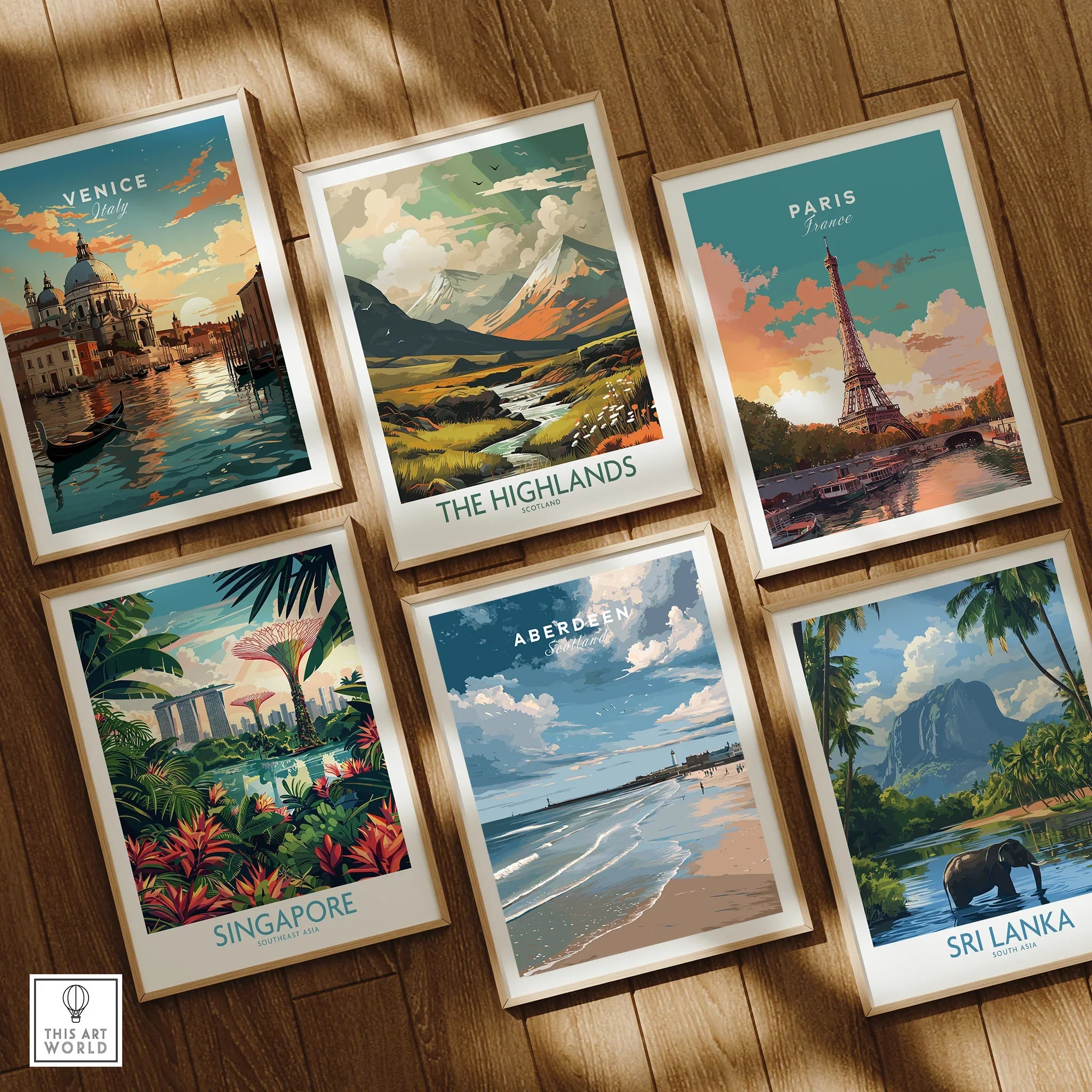 Framed travel posters of Venice, Paris, Scotland, Singapore, Aberdeen, and Sri Lanka for wall art decor
