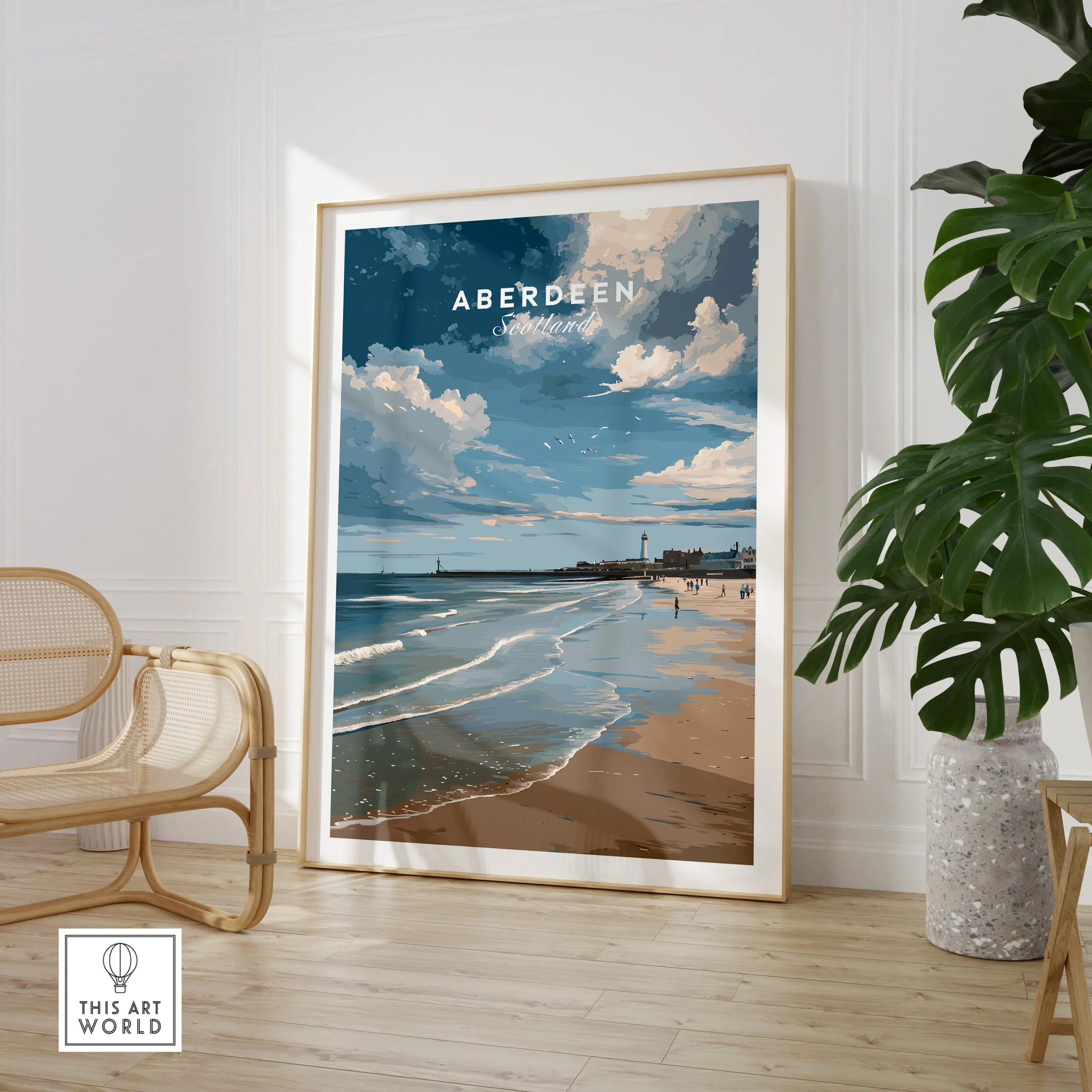 Aberdeen Scotland travel poster print featuring beach, waves, and lighthouse, perfect for coastal wall art decor.