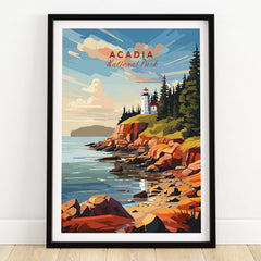 Acadia National Park Poster Print featuring a scenic lighthouse on rocky shores with vibrant colors and lush greenery.