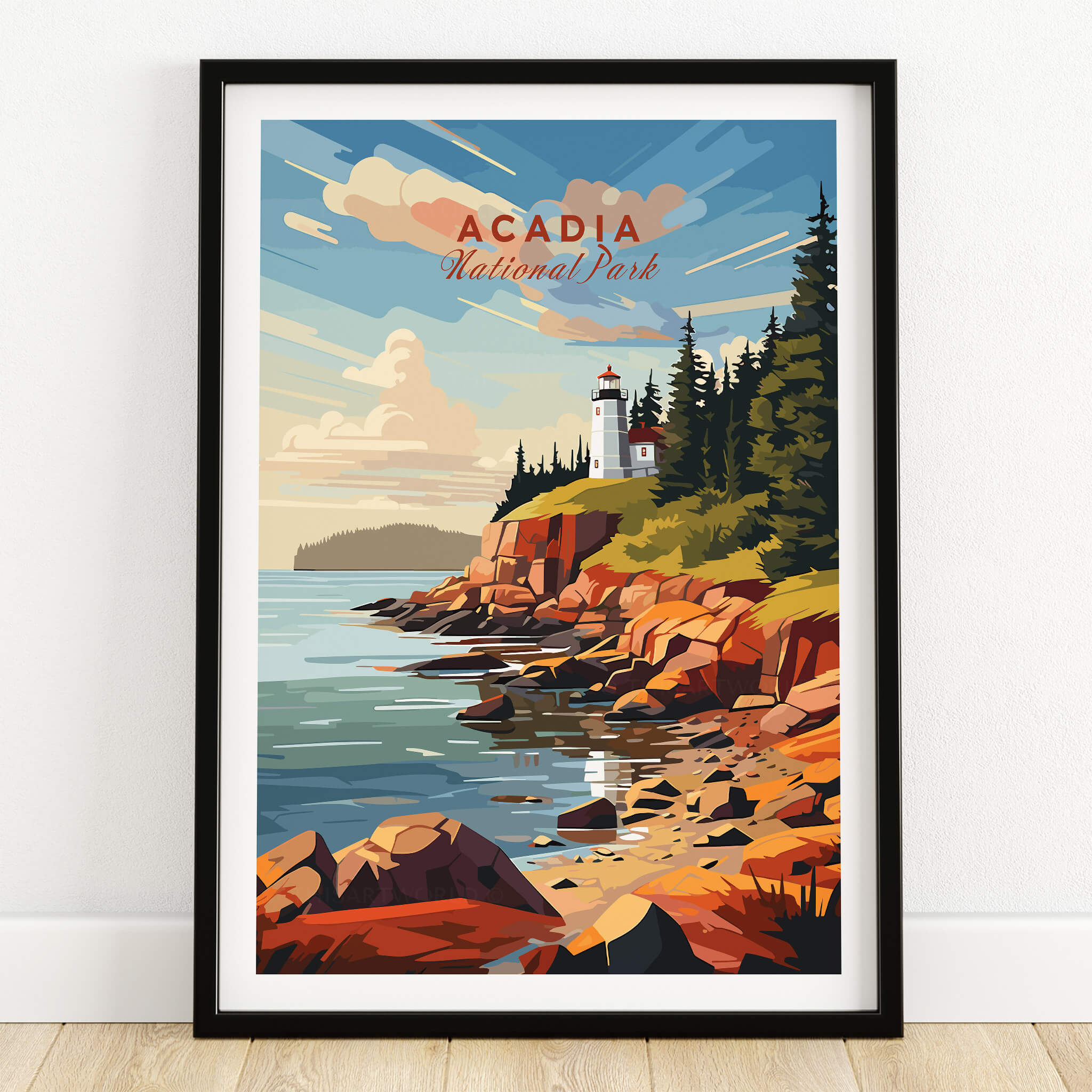 Acadia National Park Poster Print featuring a scenic lighthouse on rocky shores with vibrant colors and lush greenery.