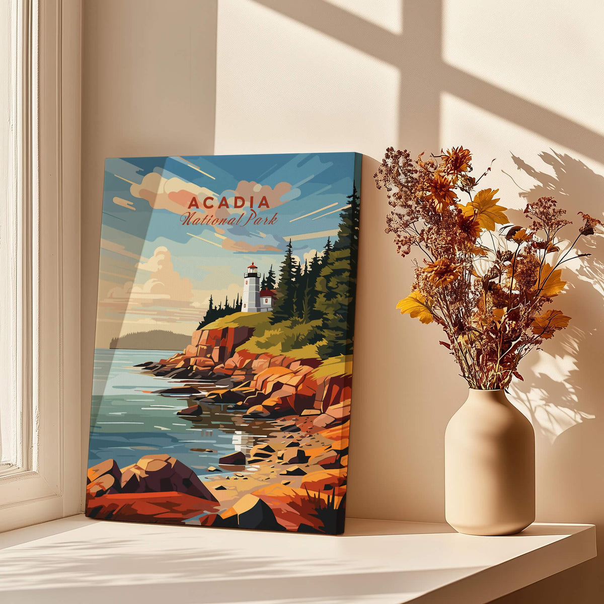Acadia National Park Poster Print showcasing scenic coastline, lighthouse, and vibrant nature.