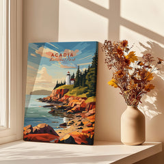Acadia National Park Poster Print showcasing scenic coastline, lighthouse, and vibrant nature.
