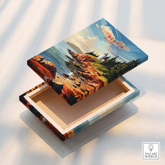 Acadia National Park Poster Print design on an open decorative box showcasing vibrant landscapes and coastal scenery.