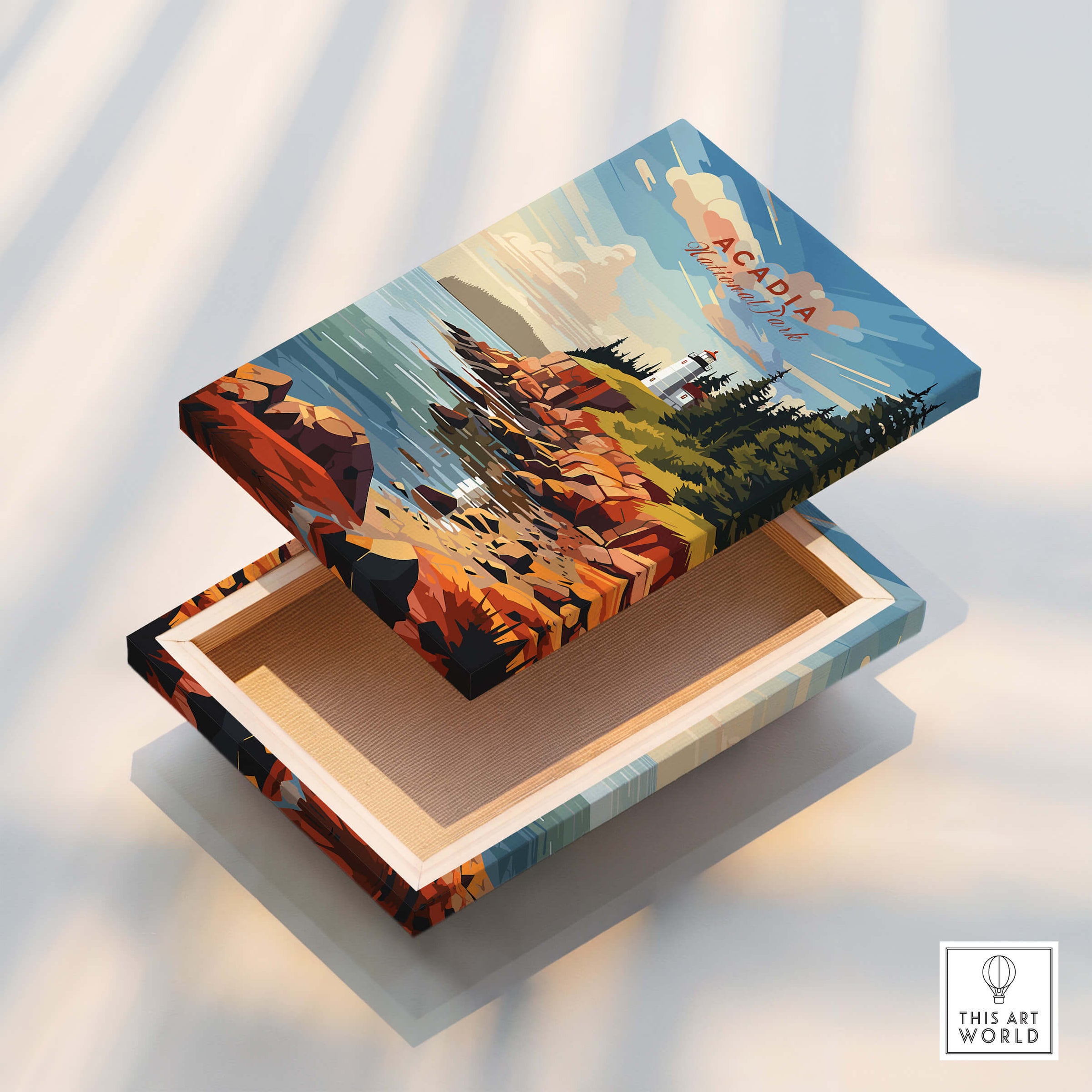 Acadia National Park Poster Print design on an open decorative box showcasing vibrant landscapes and coastal scenery.