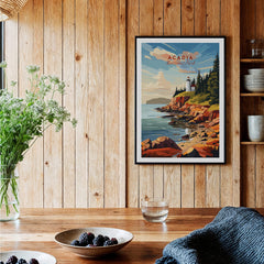 Acadia National Park Poster Print featuring vibrant landscape, rocky shores, and lush greenery against wooden background.