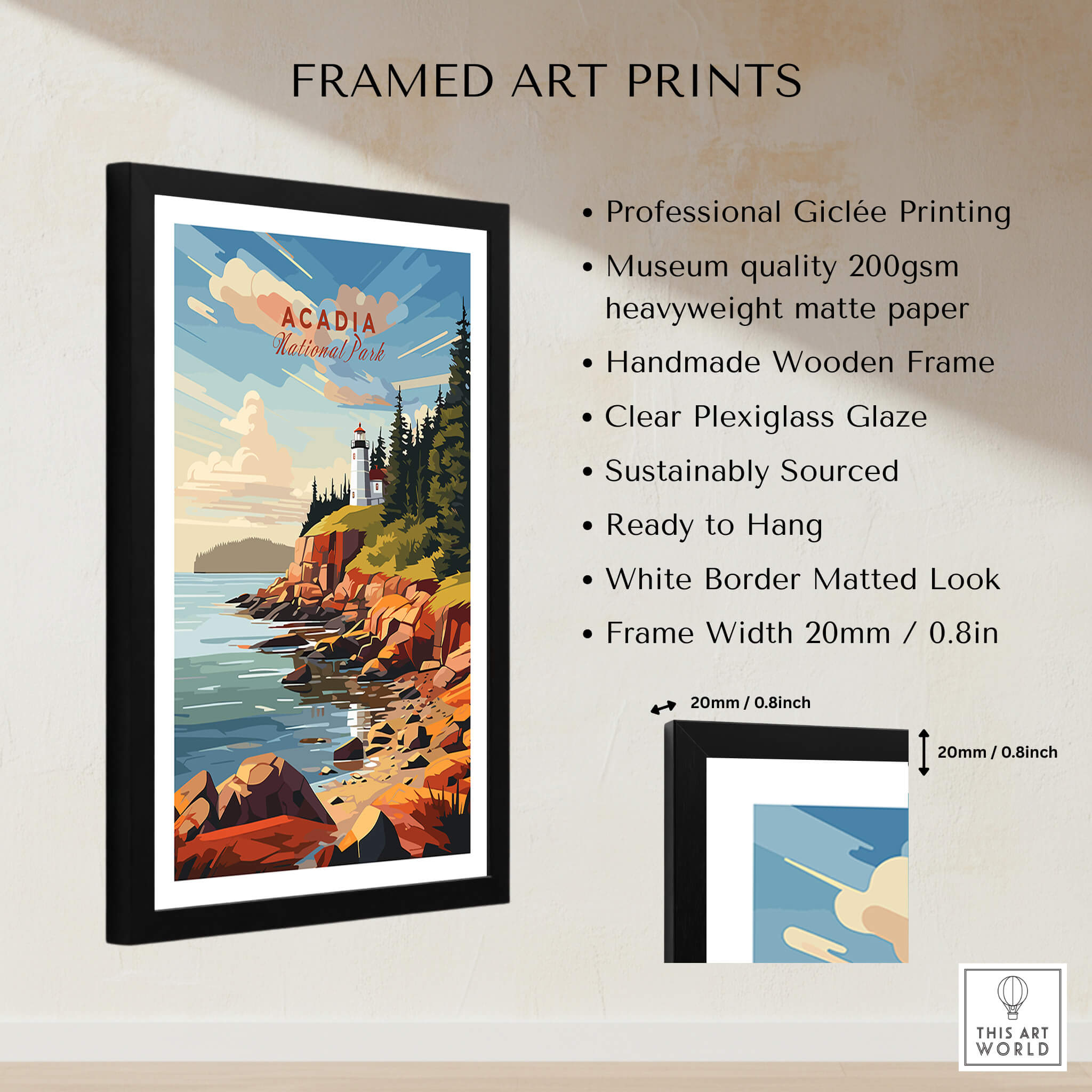 Acadia National Park Poster Print in a framed art print showcasing stunning landscapes and greenery.