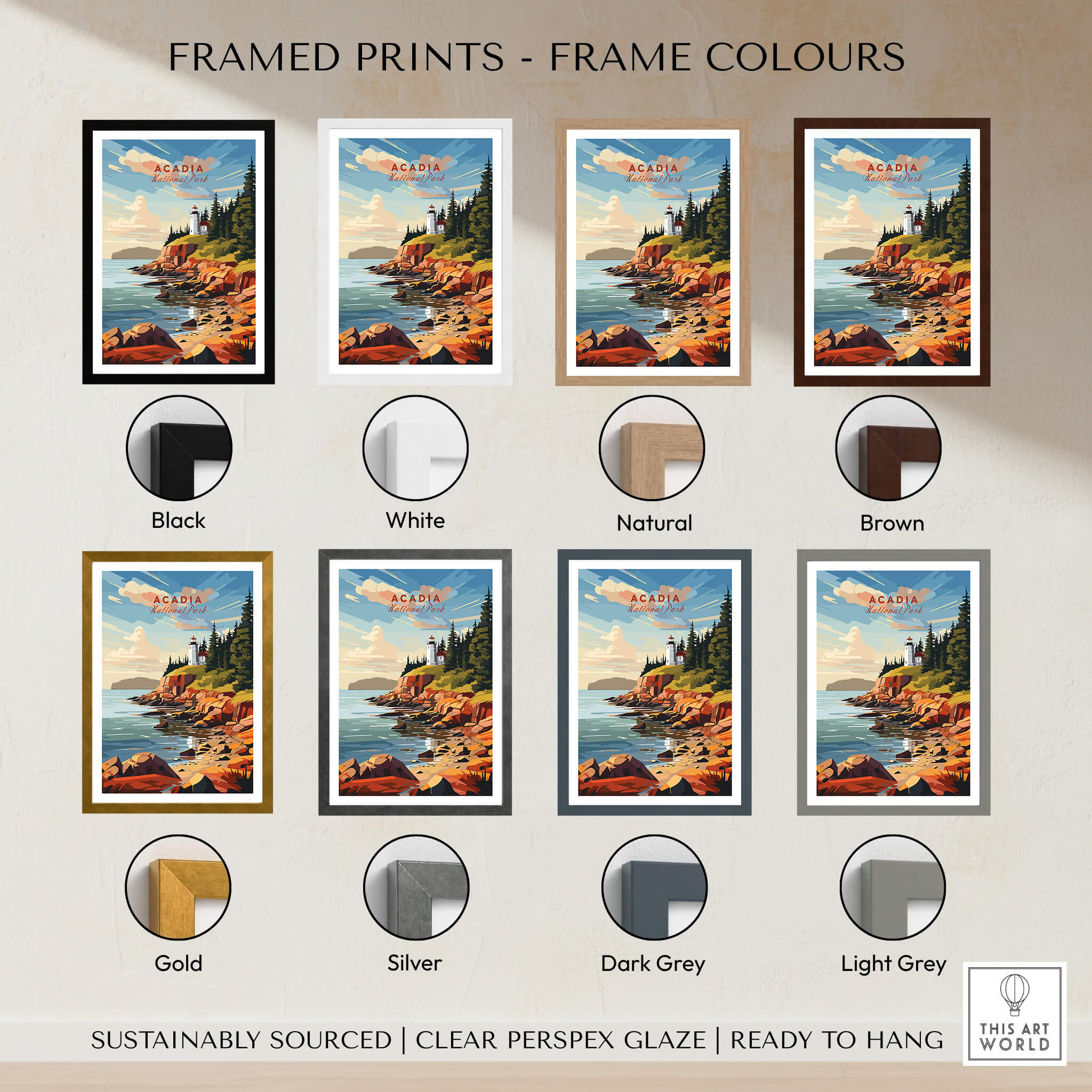 Framed prints of Acadia National Park Poster Print in various frame colors including black, white, natural, and brown.