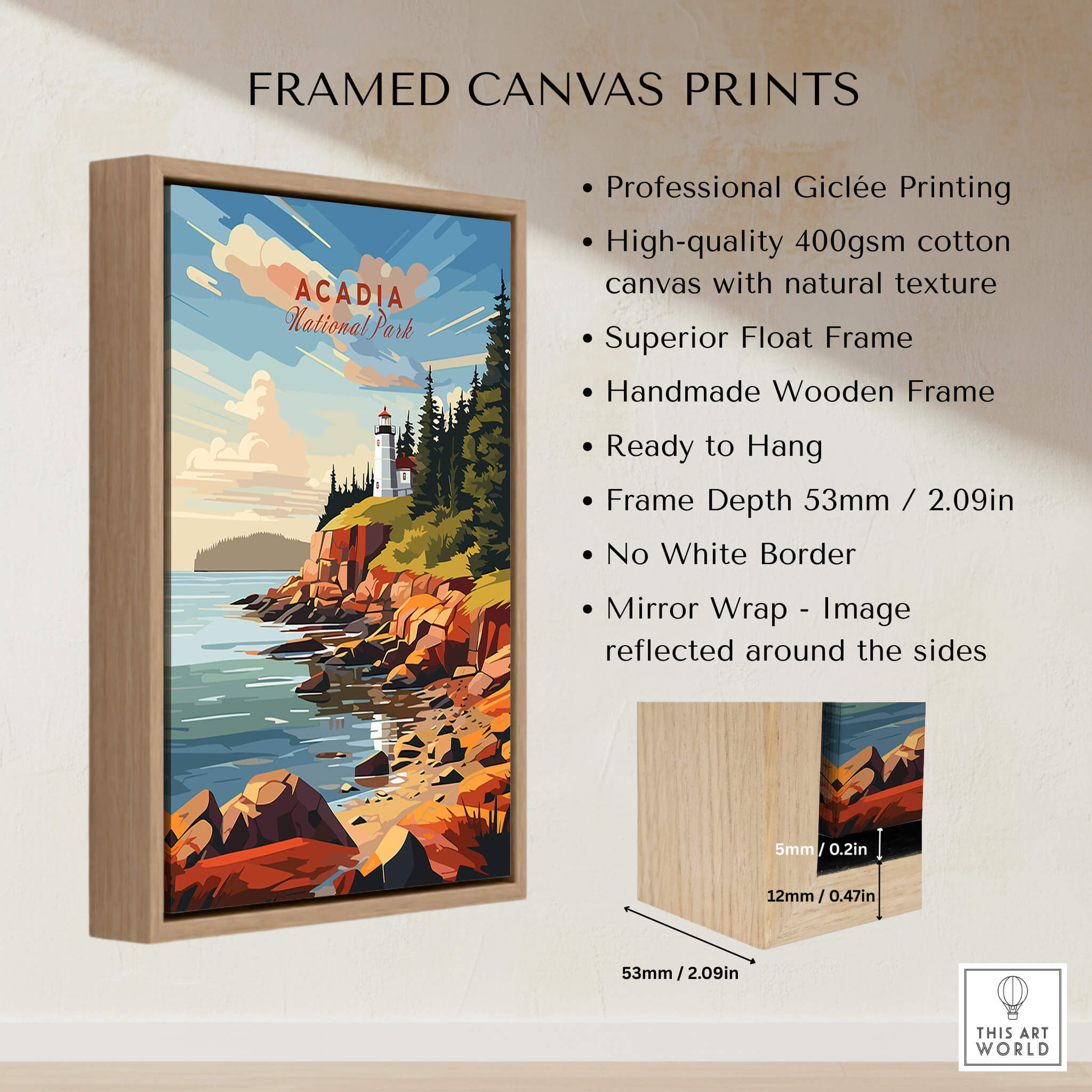 Acadia National Park Poster Print framed canvas showcasing stunning landscapes and natural beauty of the park.
