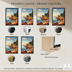 Acadia National Park Poster Print framed canvas options in various colors including black, white, natural, brown, gold, and silver.