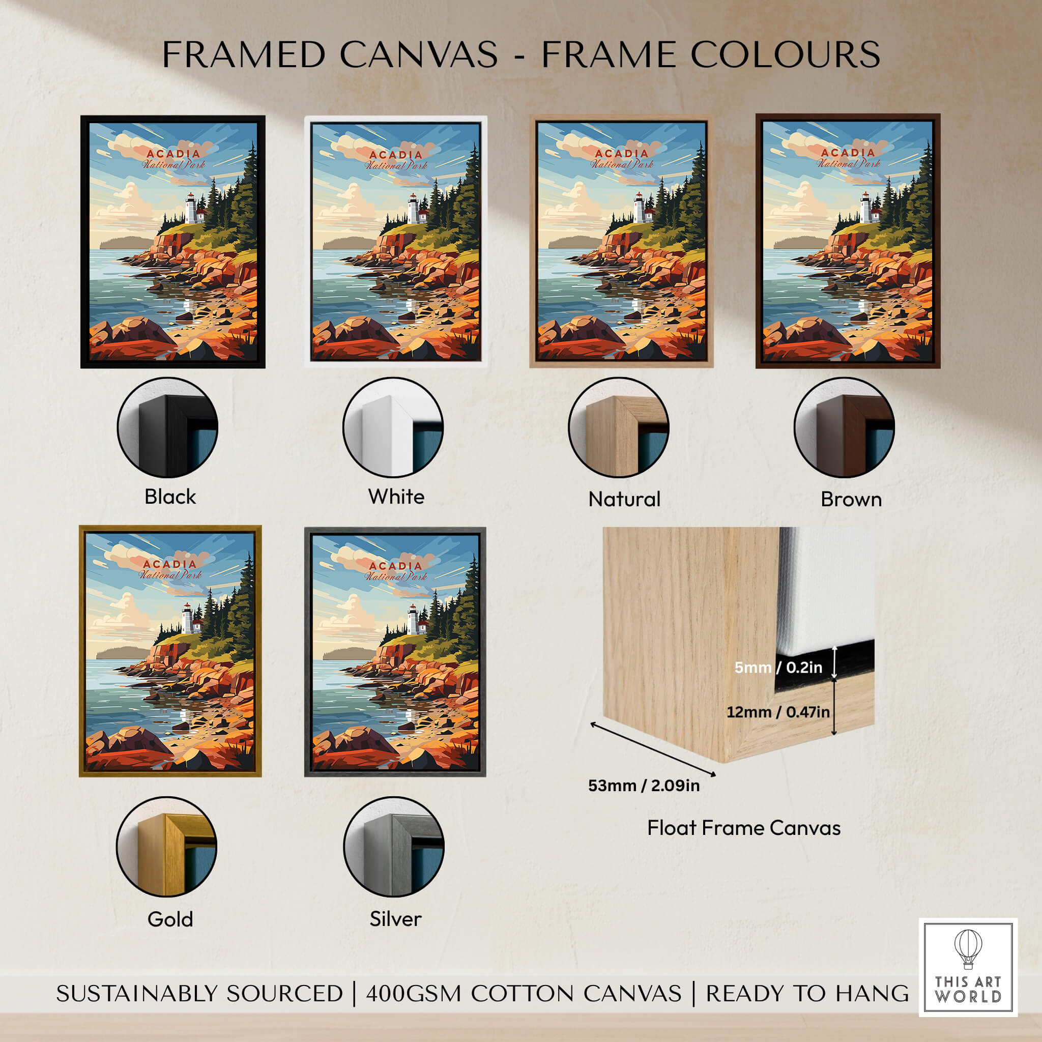 Acadia National Park Poster Print framed canvas options in various colors including black, white, natural, brown, gold, and silver.