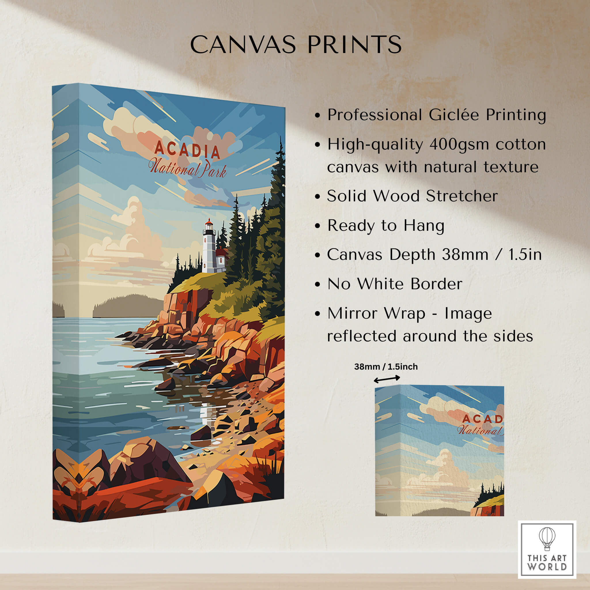 Acadia National Park Poster Print showcasing vibrant landscapes and lighthouse on high-quality canvas