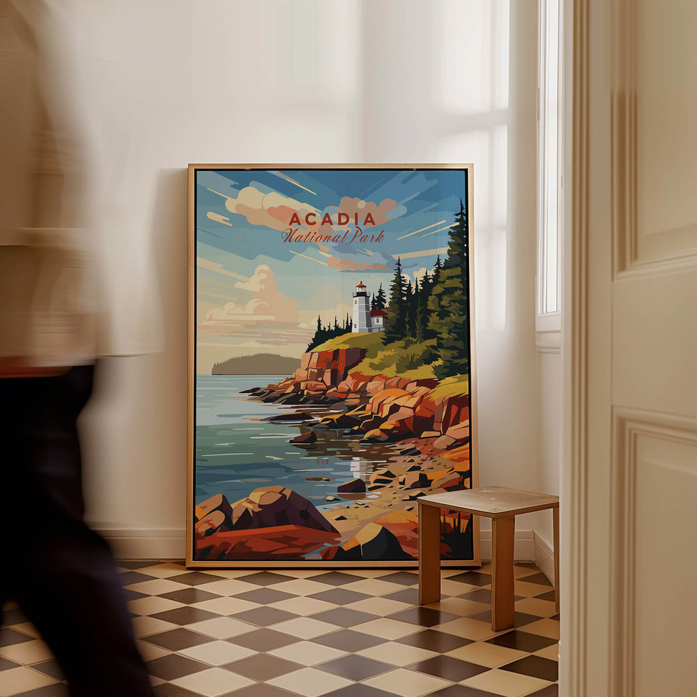 Acadia National Park Poster Print featuring a lighthouse on rocky coast and serene waters, perfect for nature lovers.