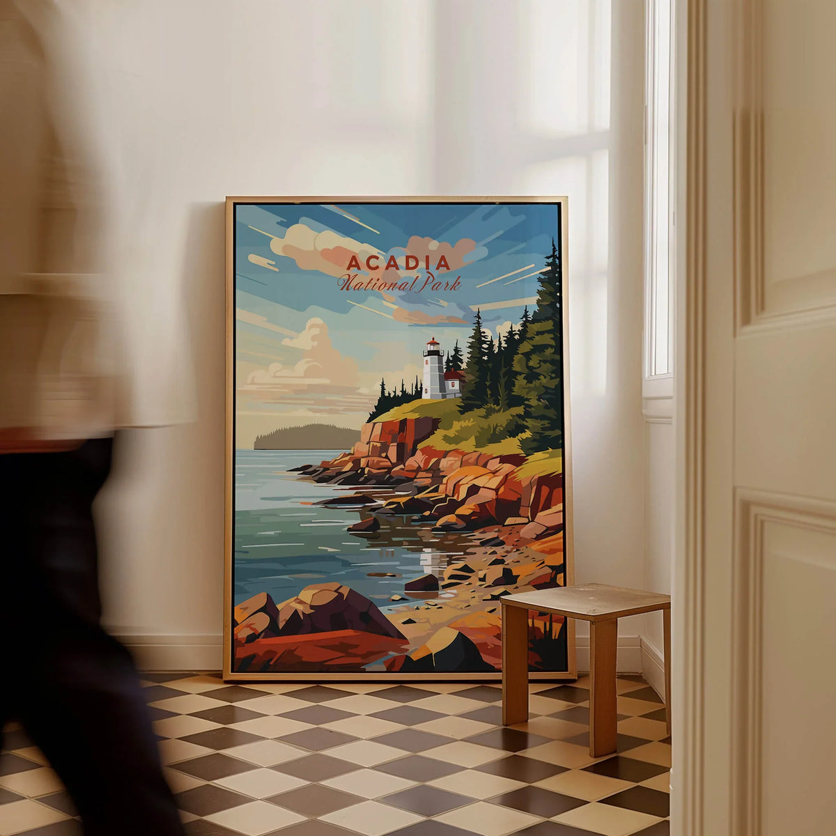 Acadia National Park Poster Print featuring a lighthouse on rocky coast and serene waters, perfect for nature lovers.