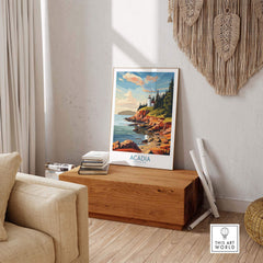 Acadia National Park Art Print displayed in a stylish living room, showcasing vibrant coastal scenery.
