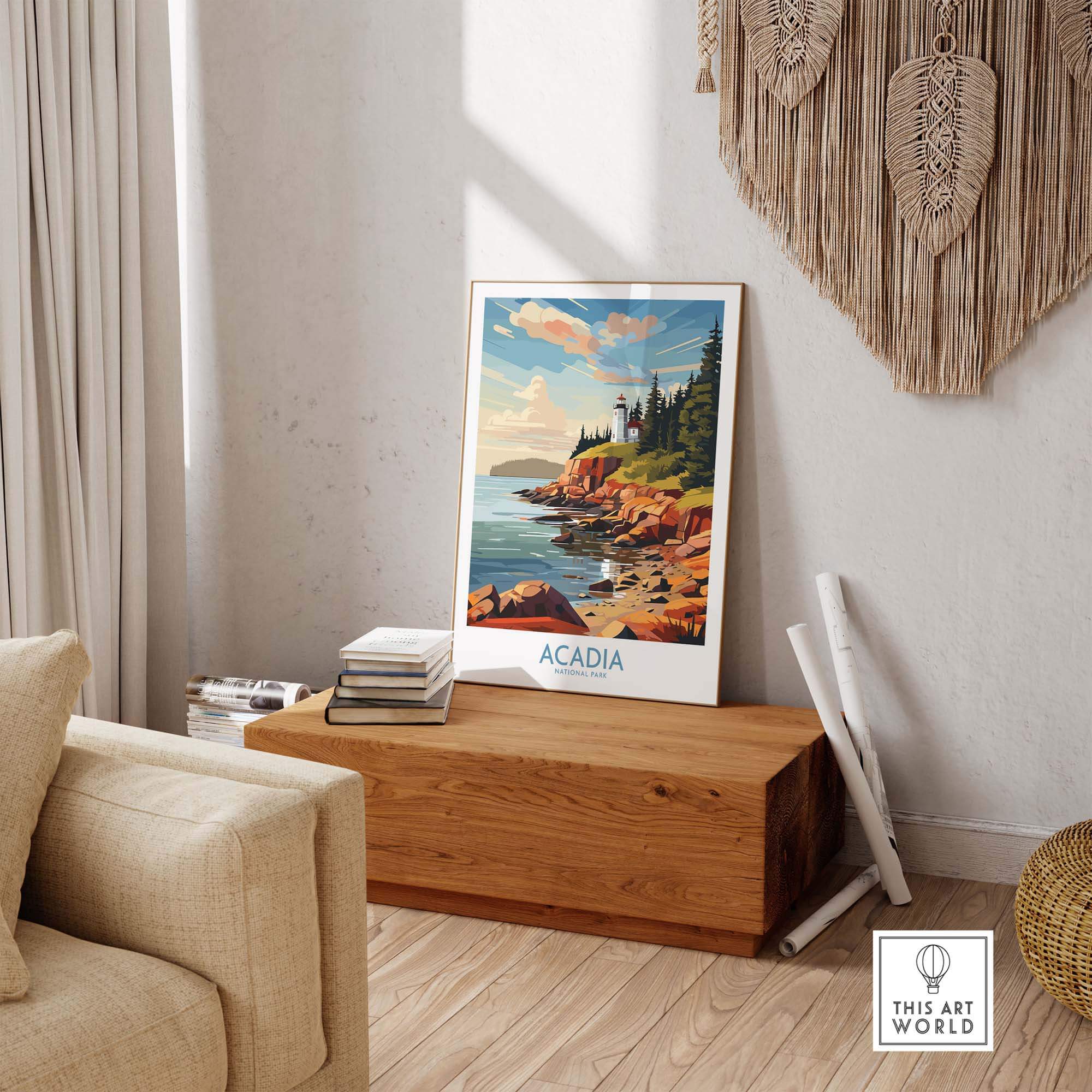 Acadia National Park Art Print displayed in a stylish living room, showcasing vibrant coastal scenery.
