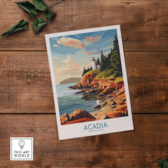 Acadia National Park Art Print showcasing vibrant nature, coastal scenery, and a lighthouse on a wood background.