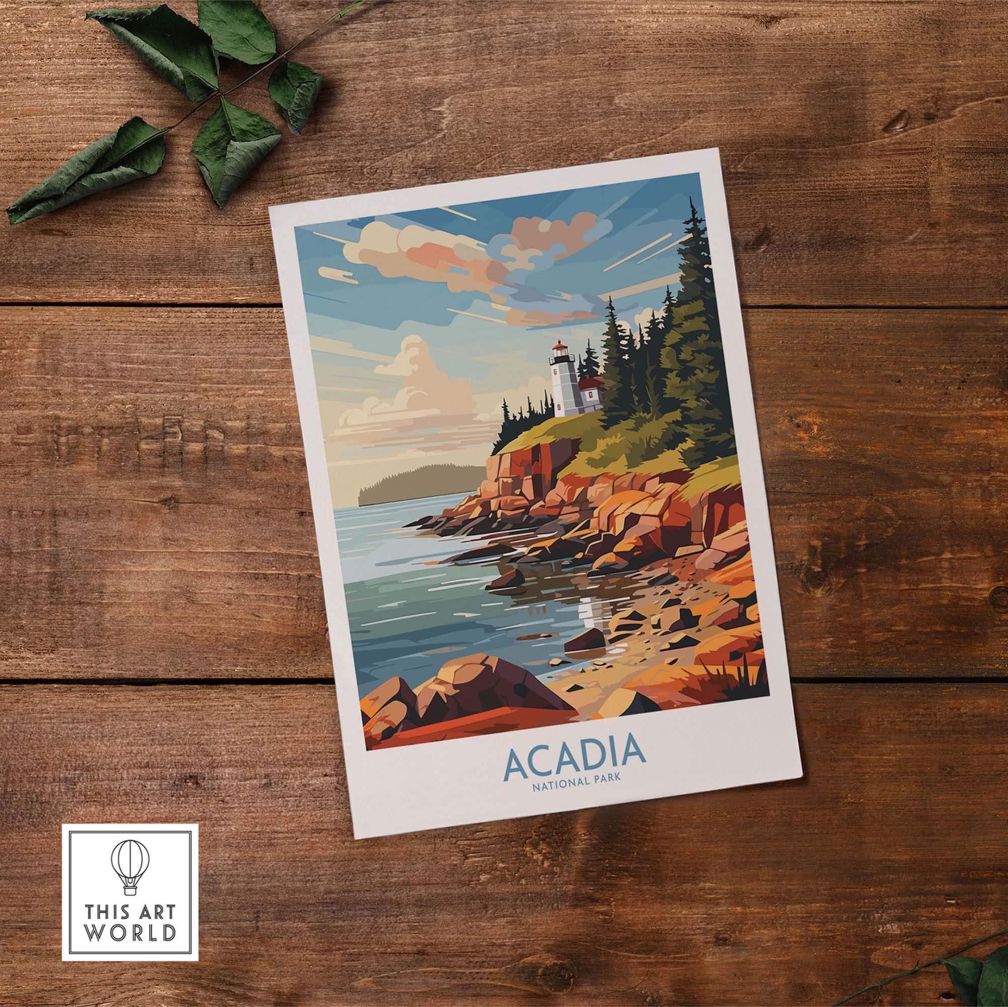 Acadia National Park Art Print showcasing vibrant nature, coastal scenery, and a lighthouse on a wood background.