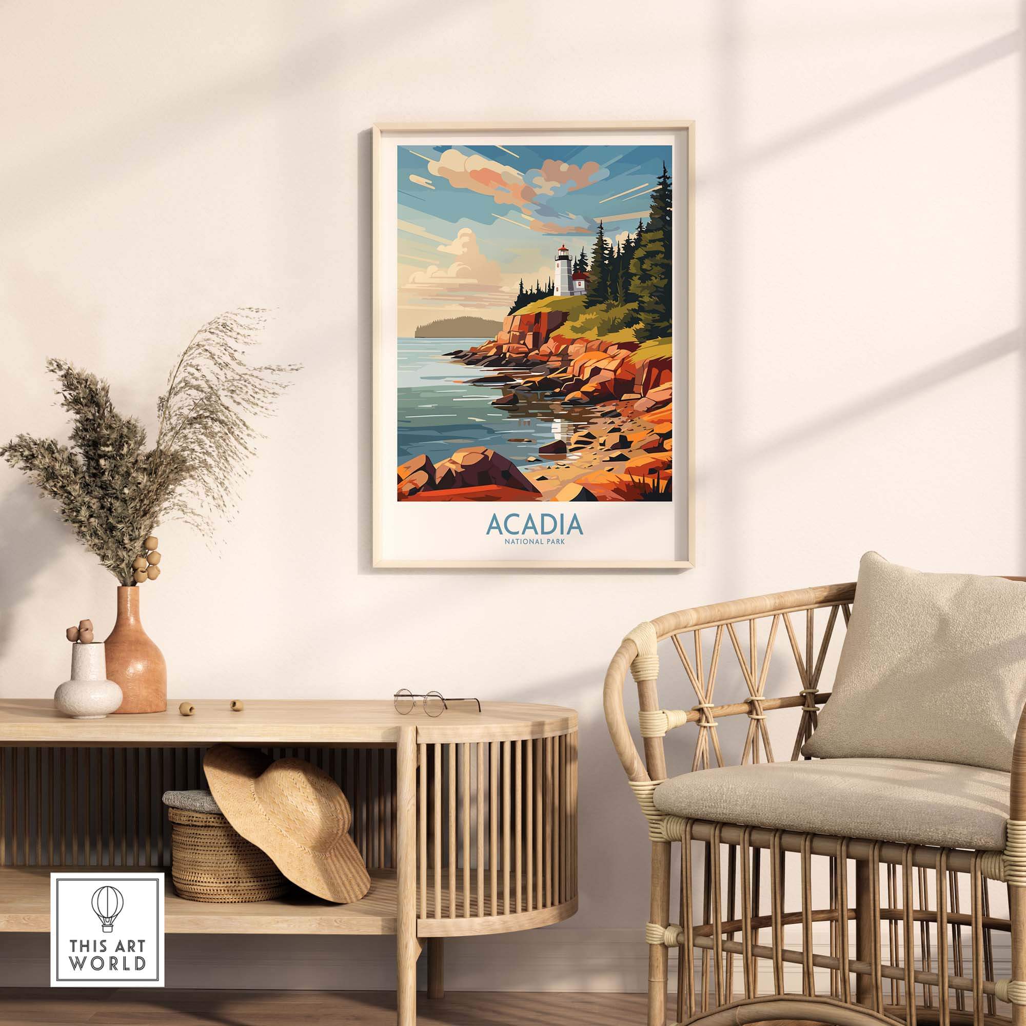 Acadia National Park Art Print displayed on a wall above a modern chair, showcasing the park's natural beauty.