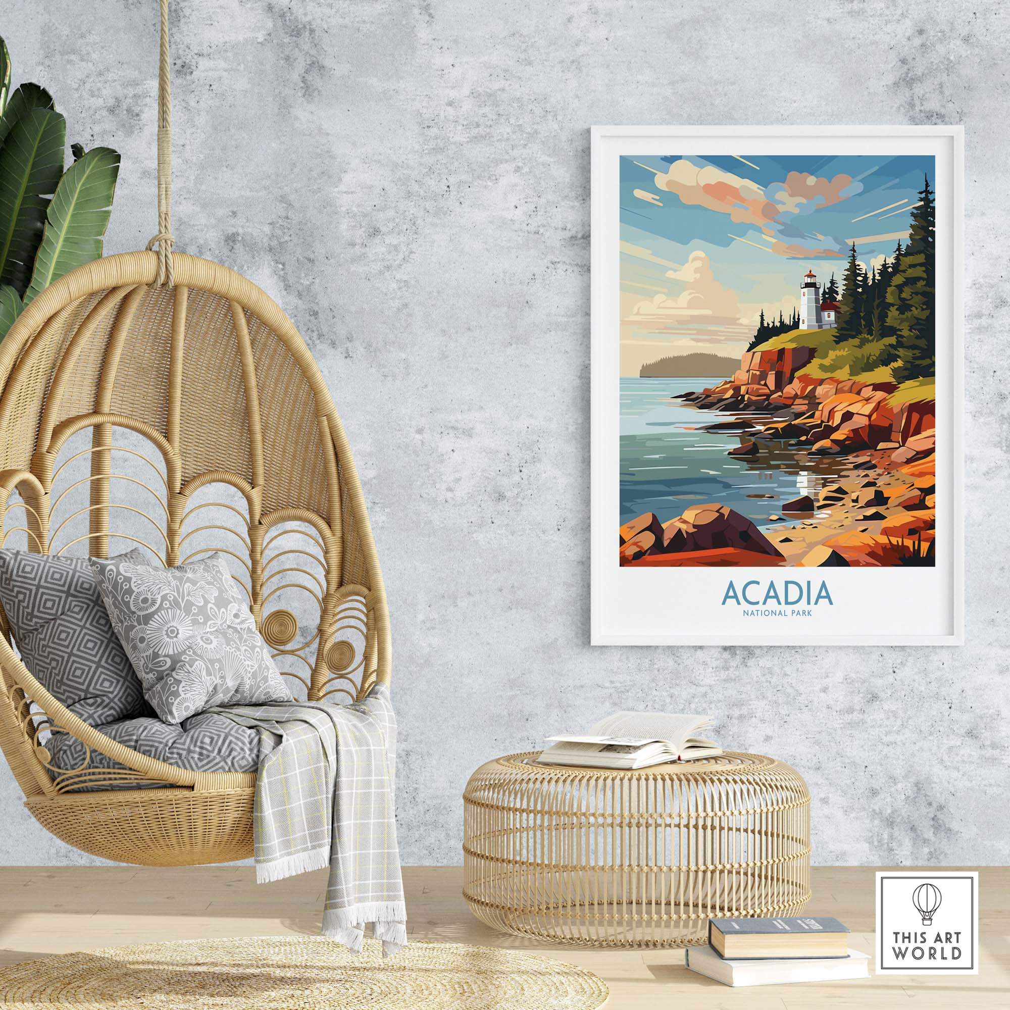 Acadia National Park Art Print displayed in a cozy living room with a hanging chair and decorative elements.