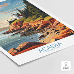 Acadia National Park Art Print featuring a lighthouse and rocky shoreline under a colorful sky.