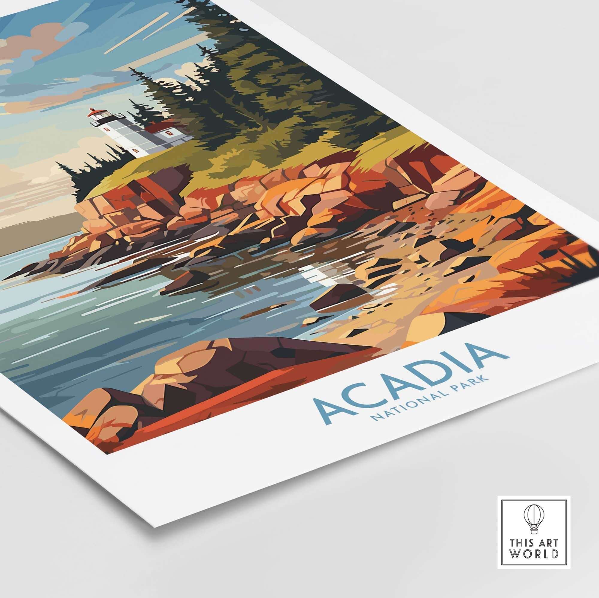 Acadia National Park Art Print featuring a lighthouse and rocky shoreline under a colorful sky.