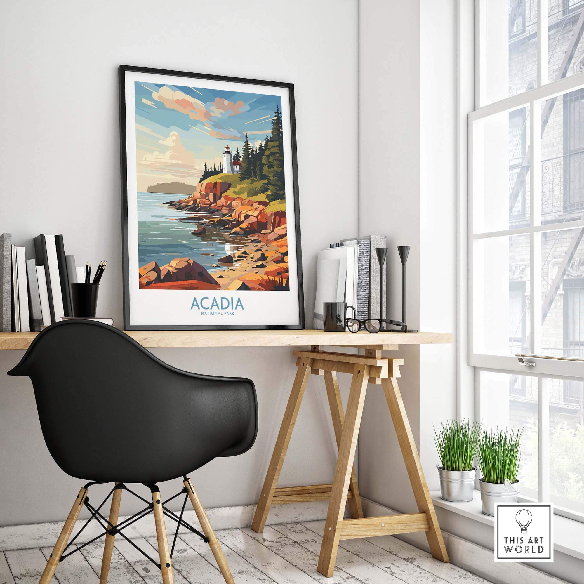 Acadia National Park Art Print displayed in a modern workspace, showcasing vibrant coastal scenery and nature's beauty.