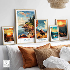 Acadia National Park Art Print displayed among other National Park prints on a wall, showcasing vibrant landscapes.