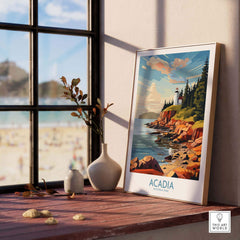 Acadia National Park Art Print displayed in a cozy interior with a seaside view.