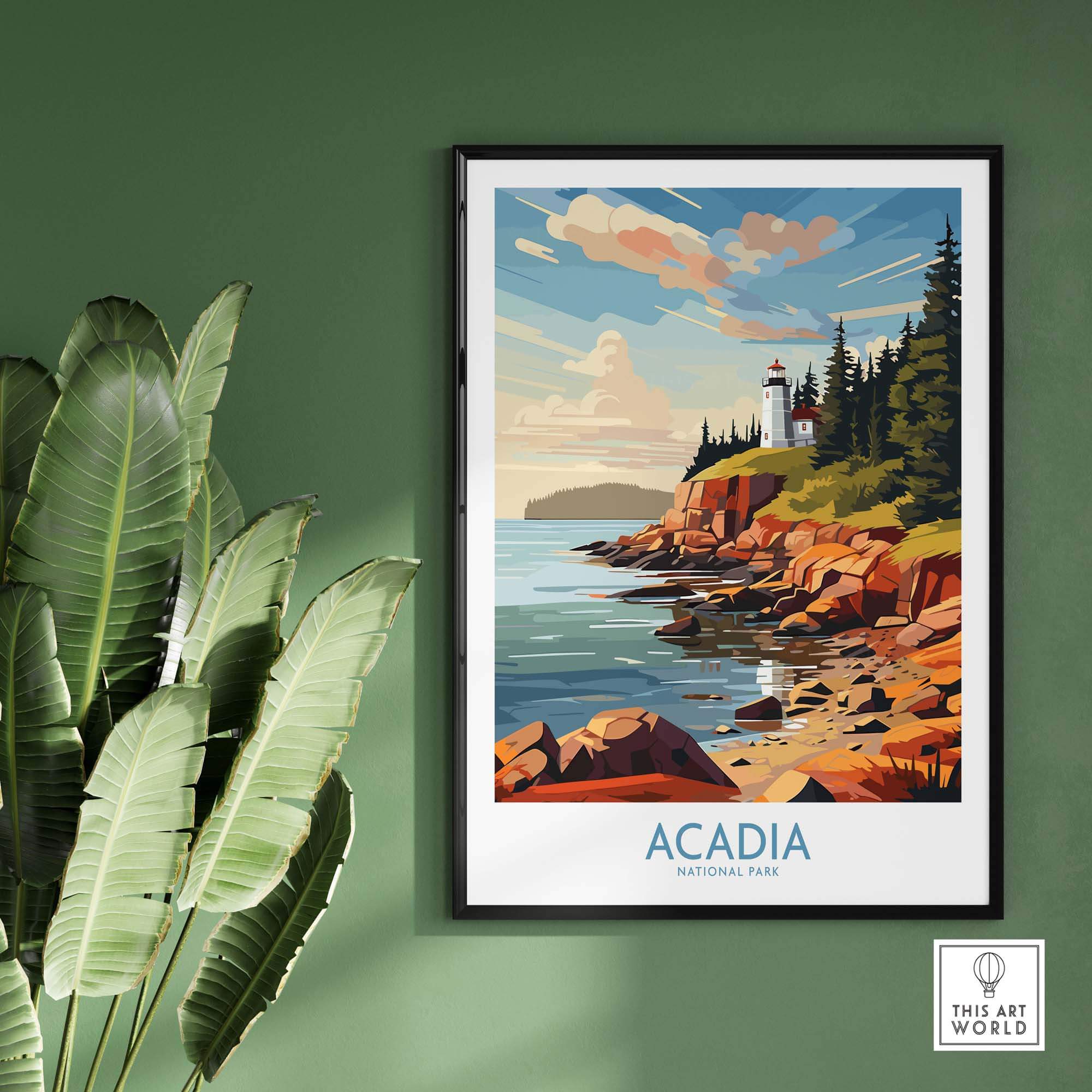 Acadia National Park Art Print featuring the stunning coastline and lighthouse against a vibrant sky.