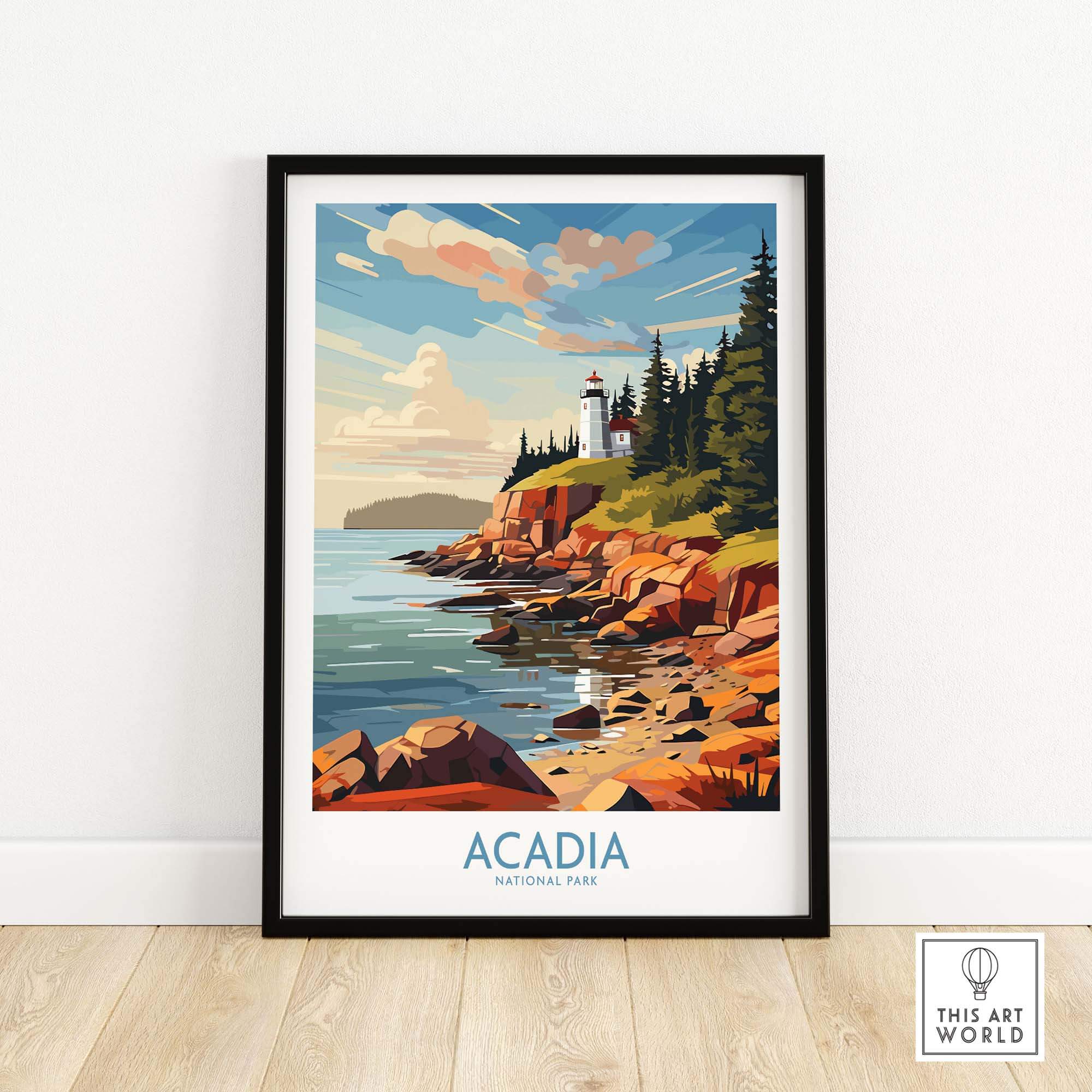 Acadia National Park Art Print depicting a vibrant coastal scene with a lighthouse and rocky shoreline.