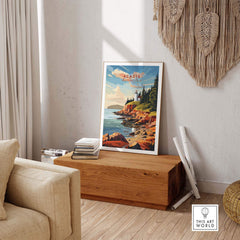 Acadia National Park Poster Print showcasing coastal scenery and lush greenery in a cozy living room setting.