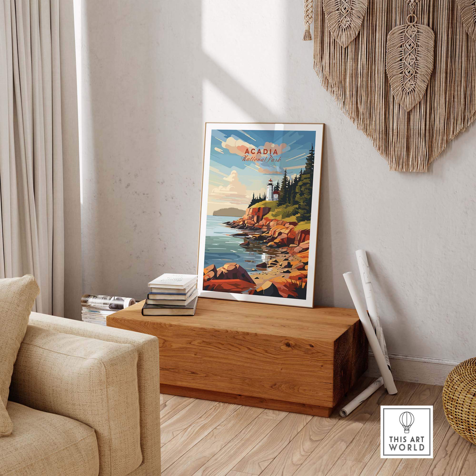Acadia National Park Poster Print showcasing coastal scenery and lush greenery in a cozy living room setting.