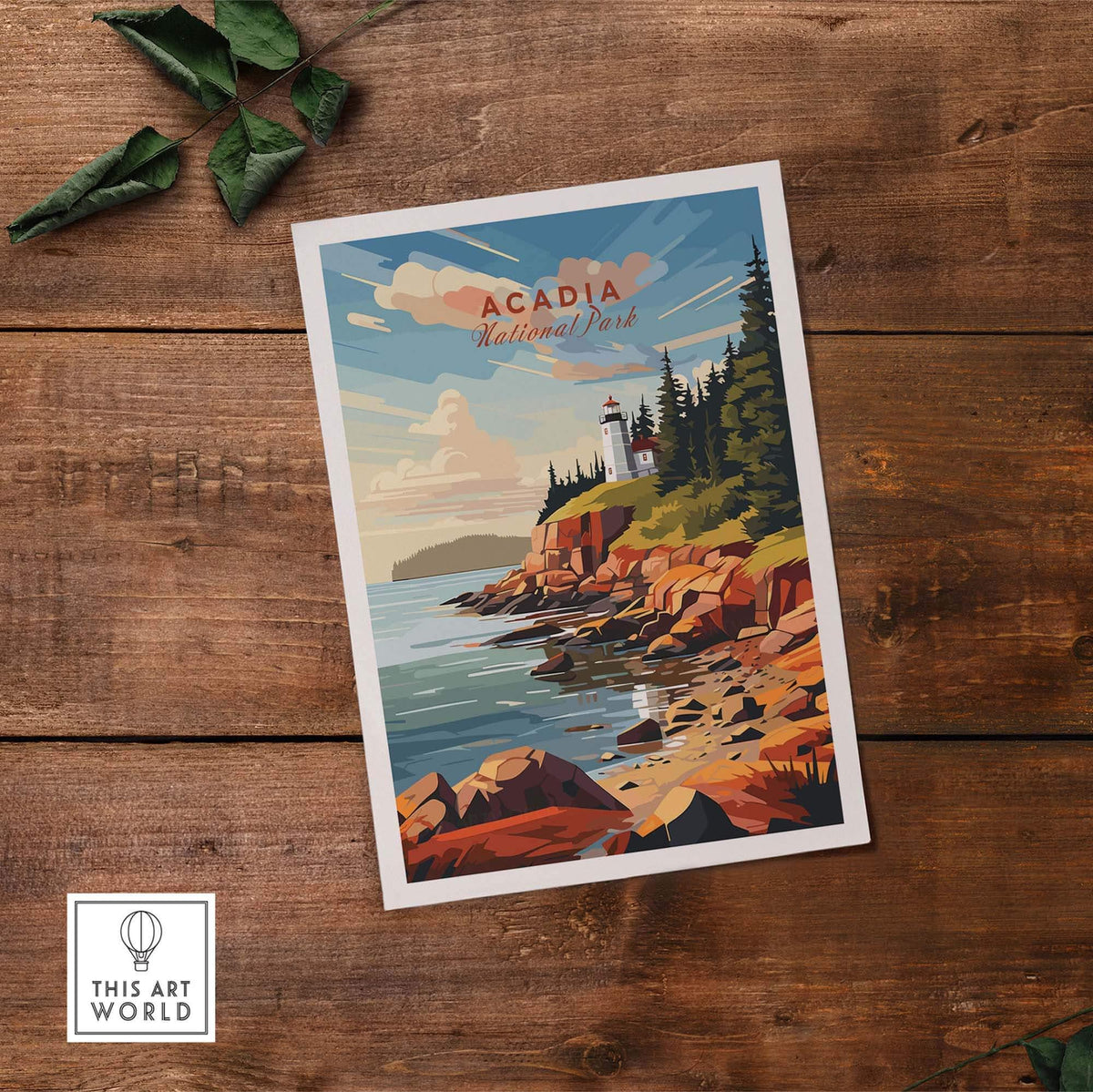 Acadia National Park Poster Print featuring vibrant coastal scenery and a lighthouse on a rocky shore.