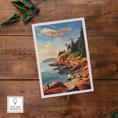 Acadia National Park Poster Print featuring vibrant coastal scenery and a lighthouse on a rocky shore.