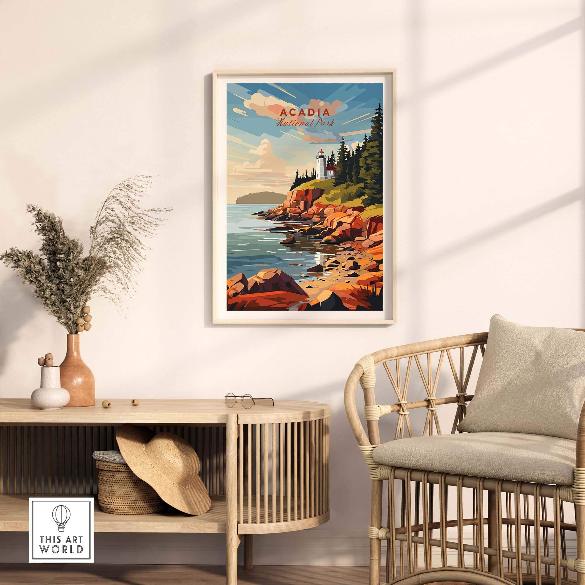 Acadia National Park Poster Print displayed in a cozy interior setting with sunlight and natural decor.