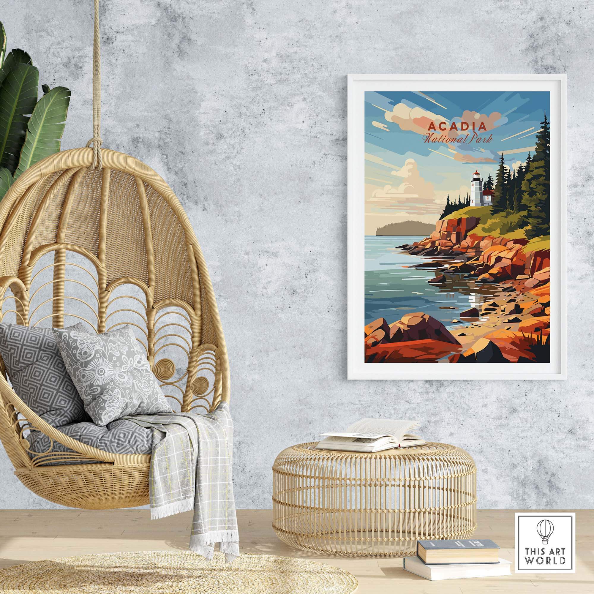 Acadia National Park Poster Print featuring a vivid shoreline and lighthouse in a cozy home setting.